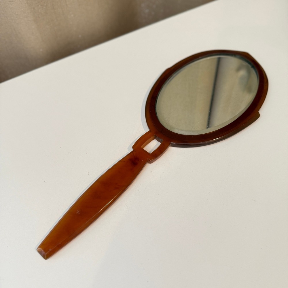 Vintage Faux Tortoiseshell Hand Mirror Oval Beveled Glass Art Deco Amber 14.5"